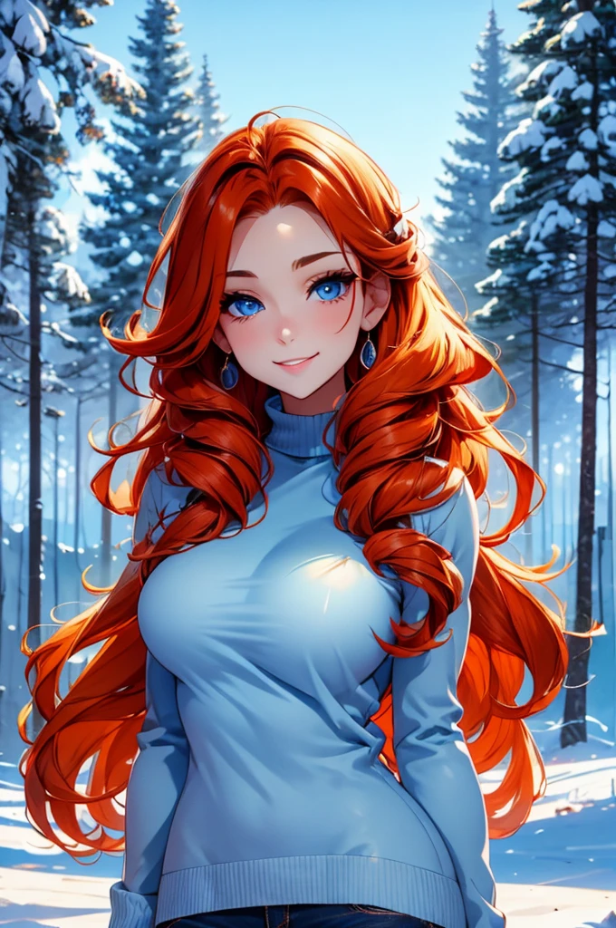 winter forest background, light-blue-eyes, woman, delicate, smile, hair over one eye, orange hair, sweater, wholesome