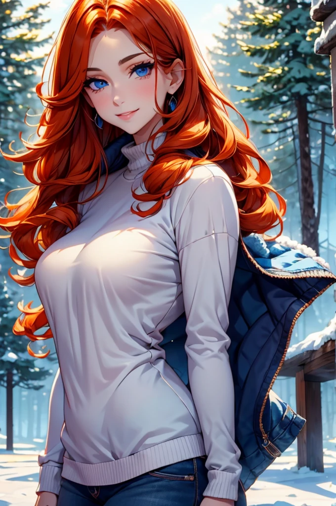 winter forest background, light-blue-eyes, woman, delicate, smile, hair over one eye, orange hair, sweater, wholesome, fully clothed