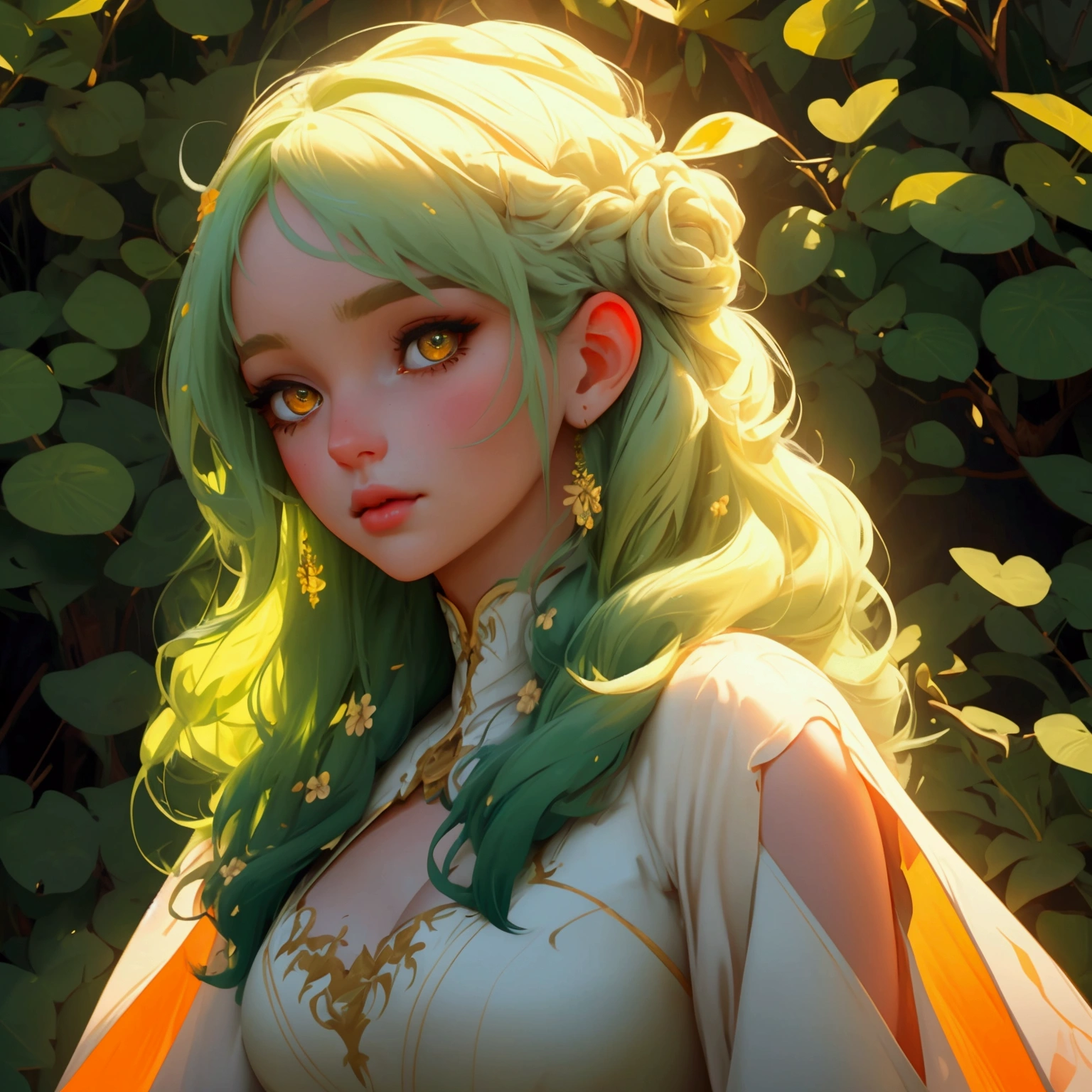 envision a 8k, highres, cinematic, close up beautiful portrait of a soft curvy girl named Ceres Fauna with long green hair, Orange eyes, in a white nature dress, surrounded by nature against a dark gray background