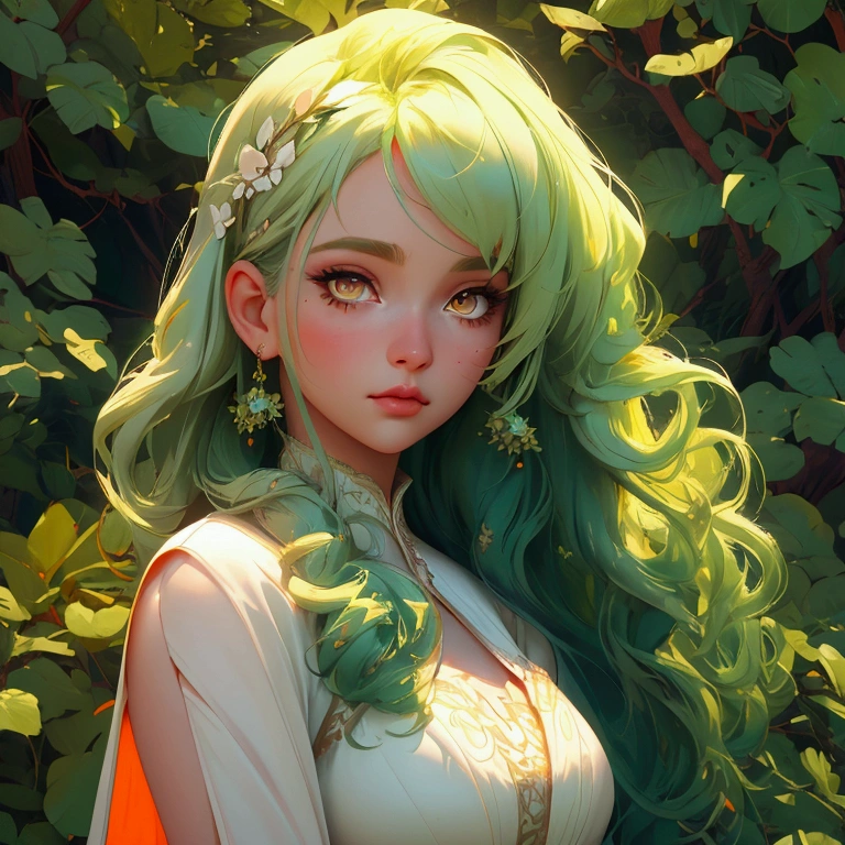 envision a 8k, highres, cinematic, close up beautiful portrait of a soft curvy girl named Ceres Fauna with long green hair, Orange eyes, in a white nature dress, surrounded by nature against a dark gray background