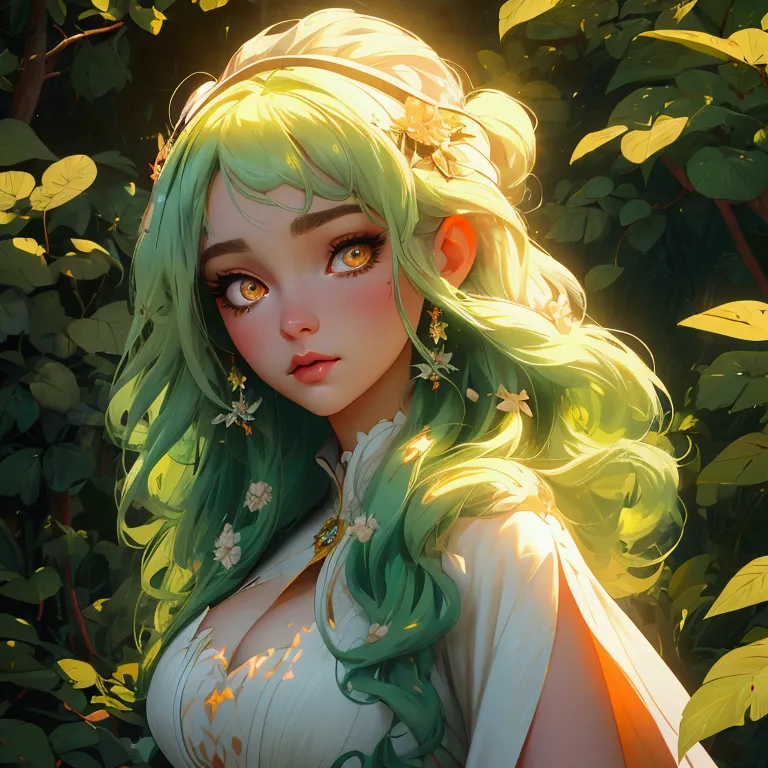 envision a 8k, highres, cinematic, close up beautiful portrait of a soft curvy girl named ceres fauna with long green hair, oran...