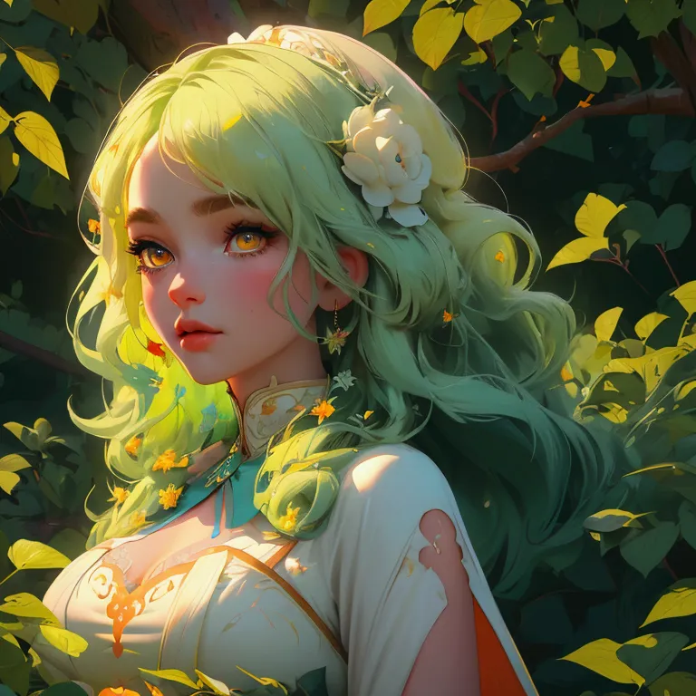 envision a 8k, highres, cinematic, close up beautiful portrait of a soft curvy girl named ceres fauna with long green hair, oran...