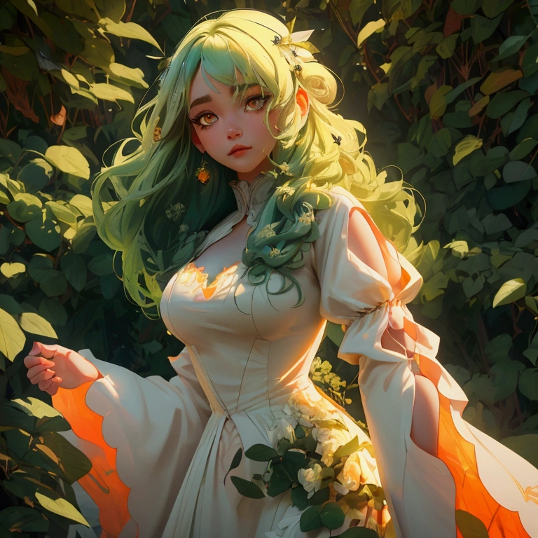 envision a 8k, highres, cinematic, close up beautiful portrait of a soft curvy girl named Ceres Fauna with long green hair, Orange eyes, in a white nature dress, surrounded by nature wrapped in vines against a dark gray background