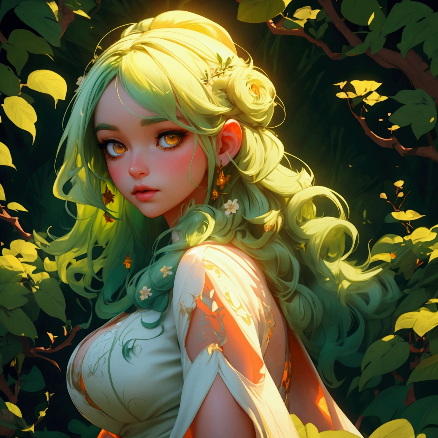 envision a 8k, highres, cinematic, close up beautiful portrait of a soft curvy girl named Ceres Fauna with long green hair, Orange eyes, in a white nature dress, surrounded by nature wrapped in vines against a dark gray background