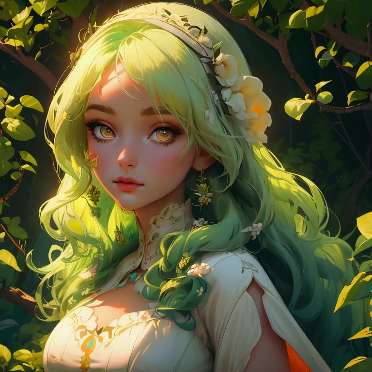 envision a 8k, highres, cinematic, close up beautiful portrait of a soft curvy girl named ceres fauna with long green hair, oran...