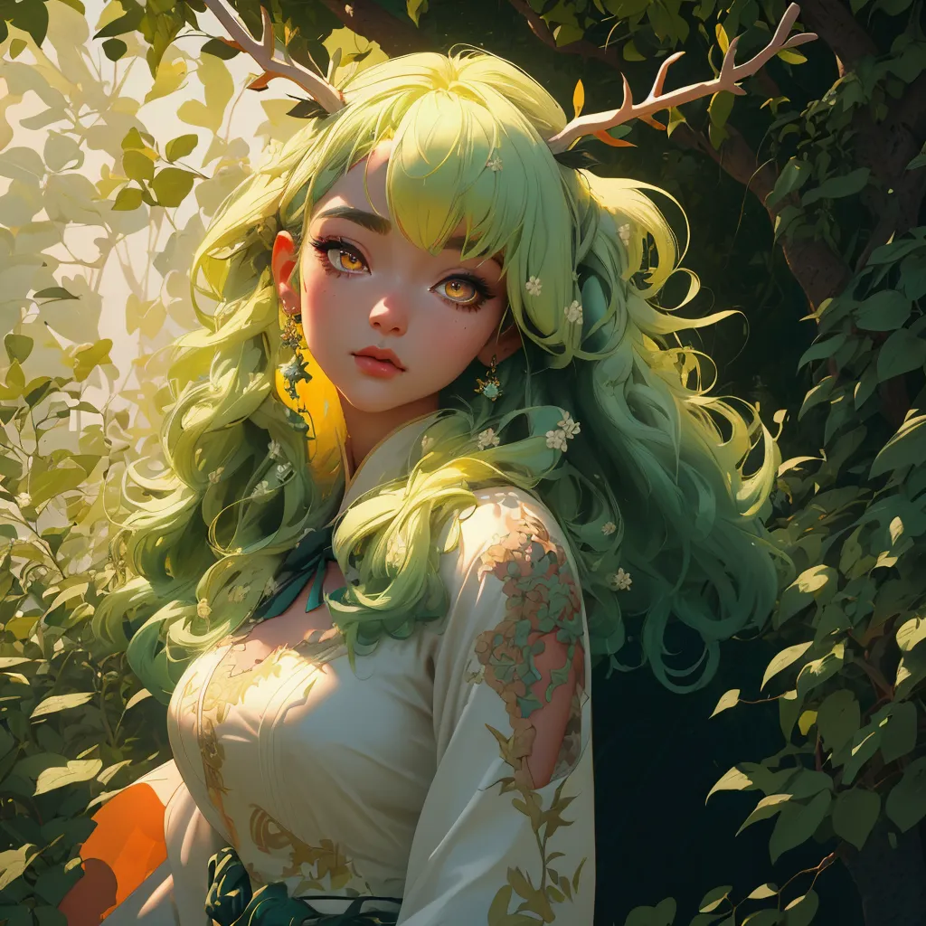 envision a 8k, highres, cinematic, close up beautiful portrait of a soft curvy kirin girl named ceres fauna with long green hair...