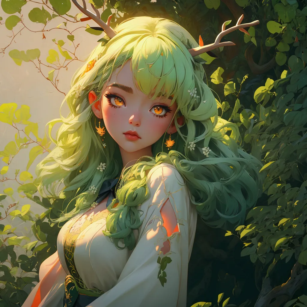 envision a 8k, highres, cinematic, close up beautiful portrait of a soft curvy kirin girl named ceres fauna with long green hair...