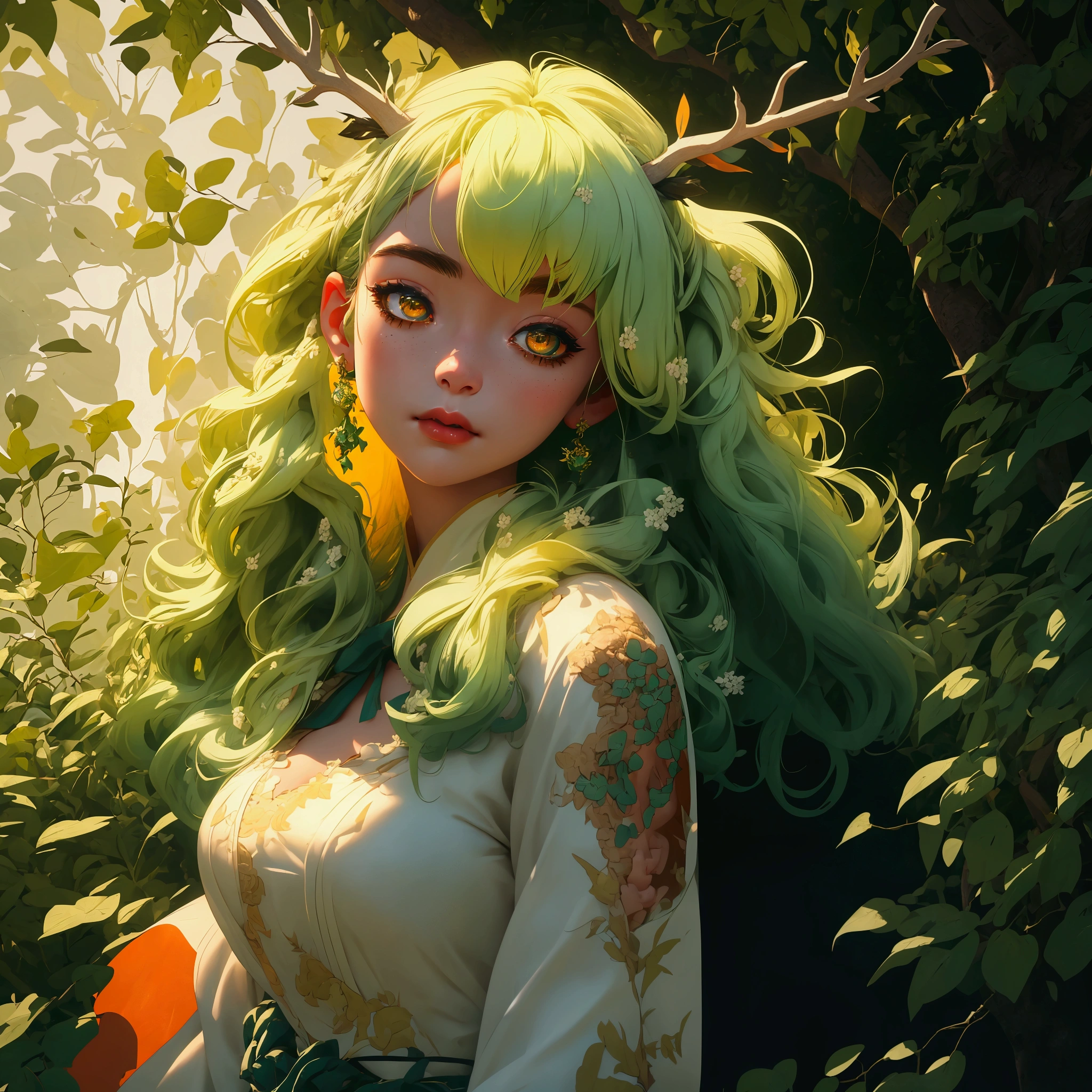 envision a 8k, highres, cinematic, close up beautiful portrait of a soft curvy Kirin girl named Ceres Fauna with long green hair, deer antlers, Orange eyes, in a white nature dress, surrounded by nature wrapped in vines against a dark gray background