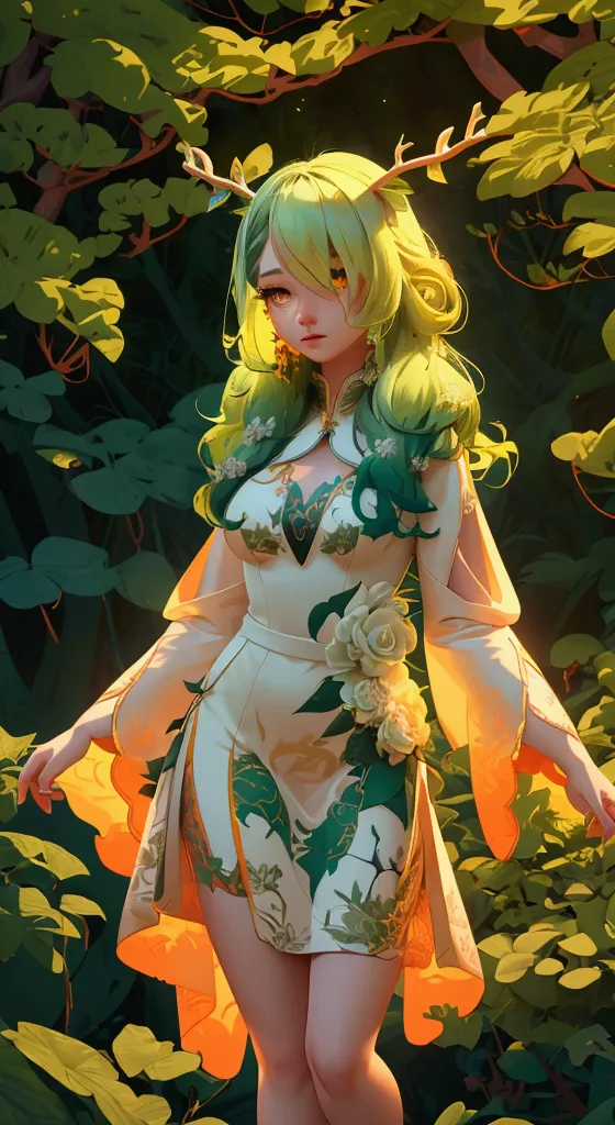 envision a 8k, highres, cinematic, beautiful full body design sheet of a soft curvy kirin girl named ceres fauna with long green...