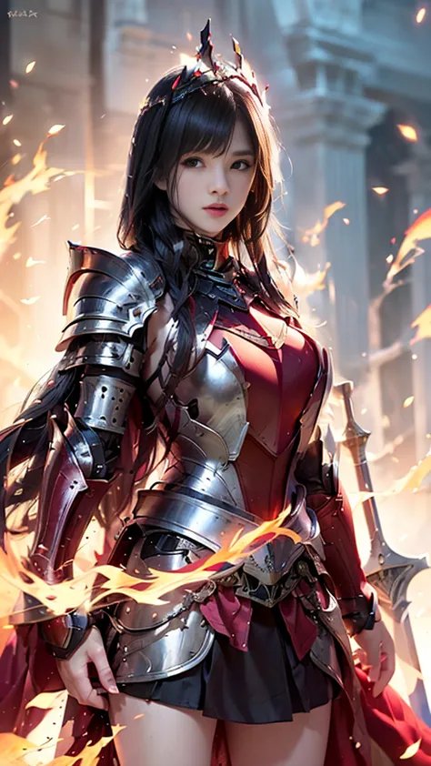 very beautiful woman、slender women、(detailed face)、realistic skin、((knight of fire)), (((red armor:1.25)))、((((black armor with ...