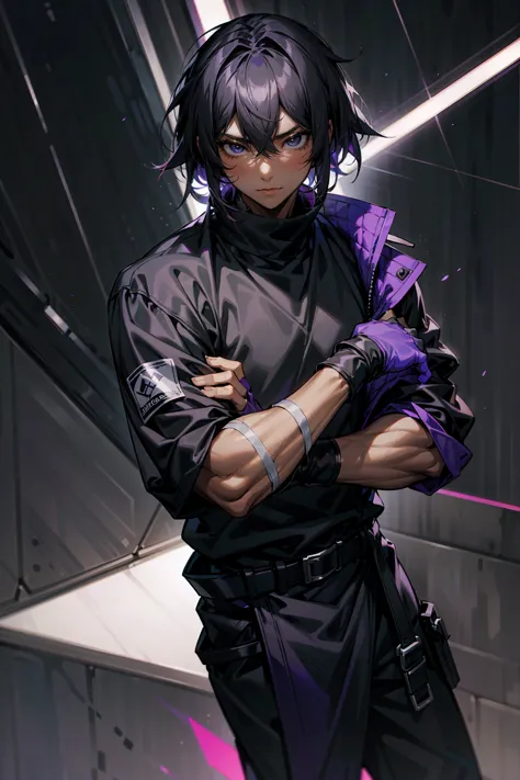 1male, adult male, black eyes, black hair, medium length hair, darkskin, black bandages on arms, purple gloves, black and purple...