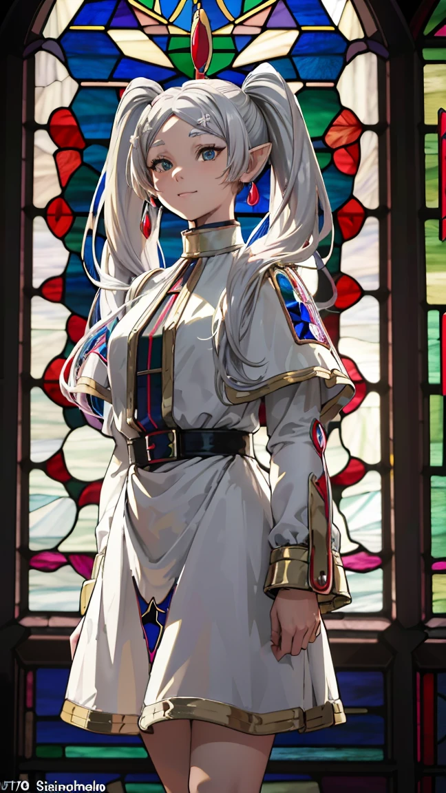 best quality, great quality, 16k, incredibly absurd, highly detailed, 2.5D, delicate and dynamic, (((Palace:1.5))), (((Stained Glass:1.5))), (((Chandelier:1.5))), complex light, , , , small face, very delicate facial expression, delicate eye depiction, very fine hair, close-up of upper body, erotic, only sexy Japanese woman, healthy figure, 2 women, Emperor, long silvery white hair, sexy long legs, glowing skin, soft skin, gorgeous gothic Emperor costume, complex costume, complex color costume, standing sideways, looking into camera Freiren, 1 girl, (((long hair:1.5))), long pointed ears like an elf, (((long silvery white twin tails:1.5))), jewelry, elf, earrings, capelet, white capelet, black and white striped long sleeve shirt, parted bangs, dress, belt, flower, (16k, 8K, RAW, best quality, masterpiece 1.2), ultra HD, high resolution, high quality, best quality, (((full body image 1.3))), best quality, ultra high resolution, ---perfect anatomy, perfect proportions, nice lighting, bright and vivid colors, clean lines, information, blurred, stunning facial expression, restless emotions, gorgeous and cute, beautiful face and eyes in every detail, (masterpiece) beautiful face, young and handsome girl, really perfect skin, blurred, stunning facial expression, restless emotions, gorgeous and cute, beautiful face and eyes in every detail, (Audrey Hepburn), (cute), (J-POP idol), (thighs, (depth of field), (depth of field), soft light, shining lens gaze, (droopy eyes), straight teeth, shy smile, flowing hair, a scene from Blake's movie,