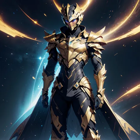 it's a man. the image presents a highly detailed and futuristic armor designed for a male warrior. the armor combines elements f...