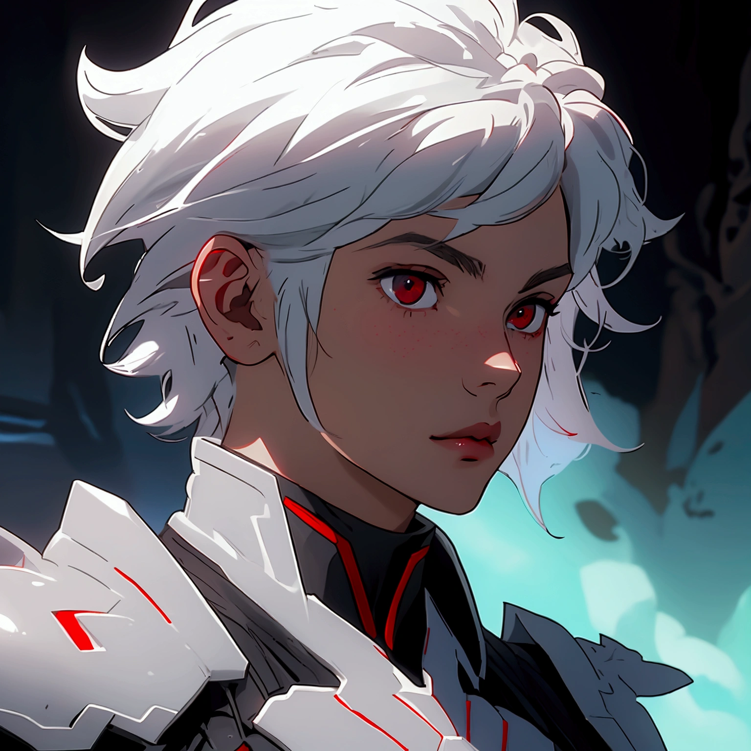 envision a 8k, highres, cinematic close up portrait of a boy with sleek skinny body, clean shaved, with short wavy white hair, and red eyes wearing a white and black leather armor against a dark gray background