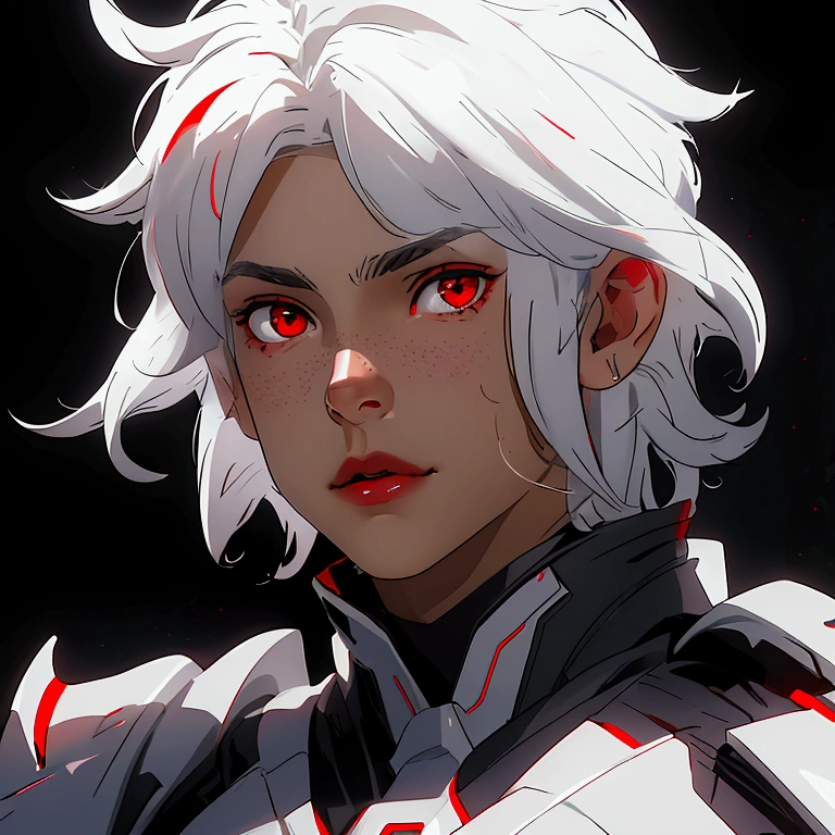 envision a 8k, highres, cinematic close up portrait of a boy with sleek skinny body, clean shaved, with short wavy white hair, and red eyes wearing a white and black leather armor against a dark gray background