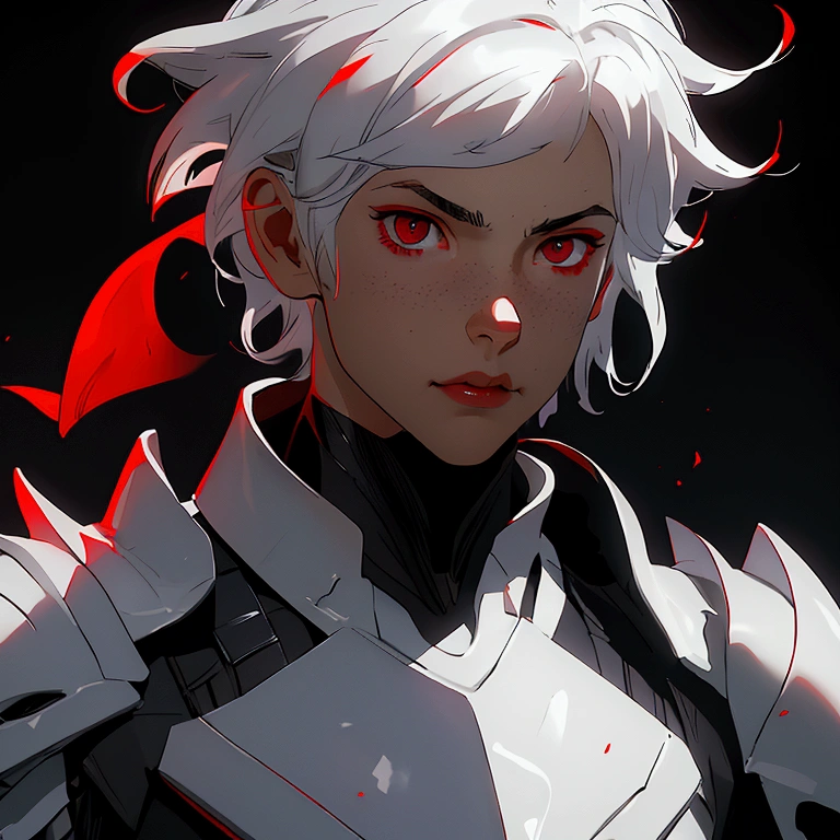 envision a 8k, highres, cinematic close up portrait of a boy with sleek skinny body, clean shaved, with short wavy white hair, and red eyes wearing a white and black leather armor against a dark gray background