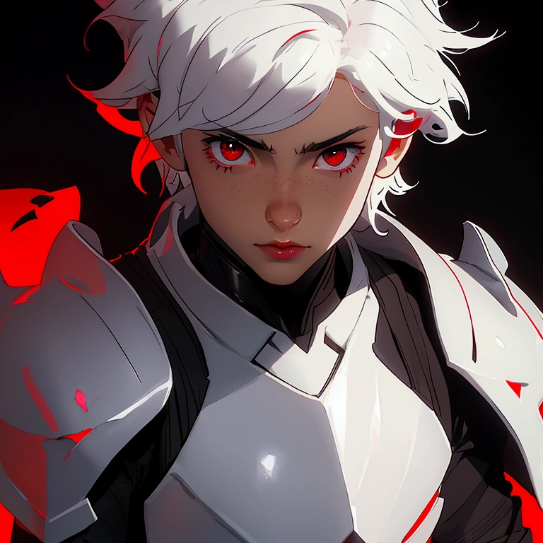 envision a 8k, highres, cinematic close up portrait of a boy with sleek skinny body, clean shaved, with short wavy white hair, and red eyes wearing a white and black leather armor against a dark gray background