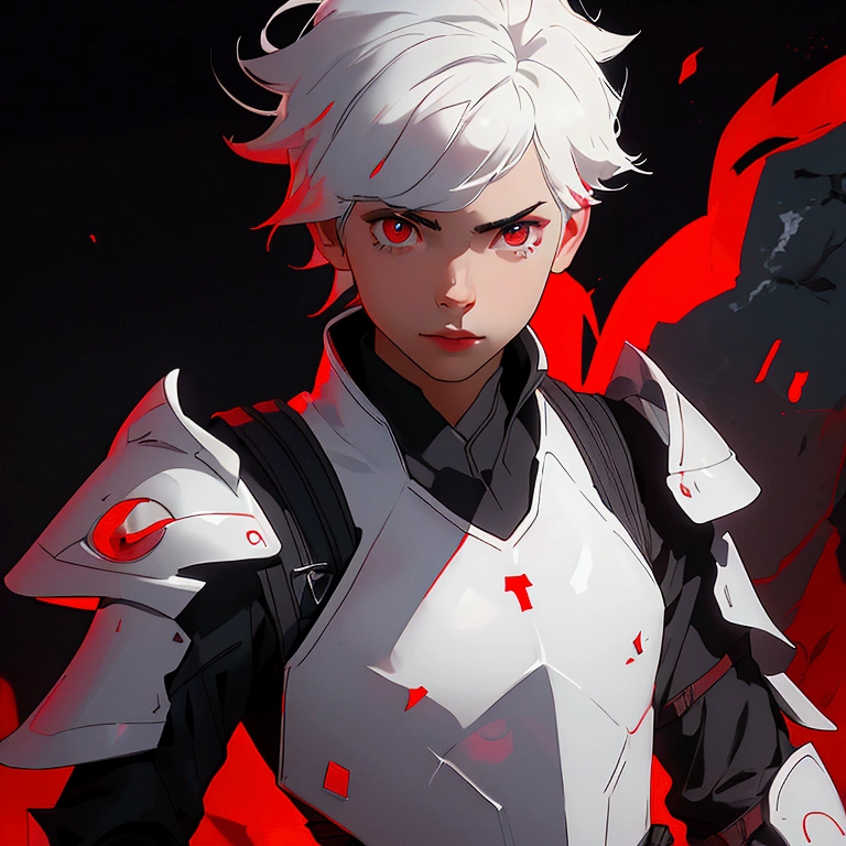 envision a 8k, highres, cinematic close up portrait of a boy with sleek skinny body, clean shaved, with short wavy white hair, and red eyes wearing a white and black leather armor against a dark gray background