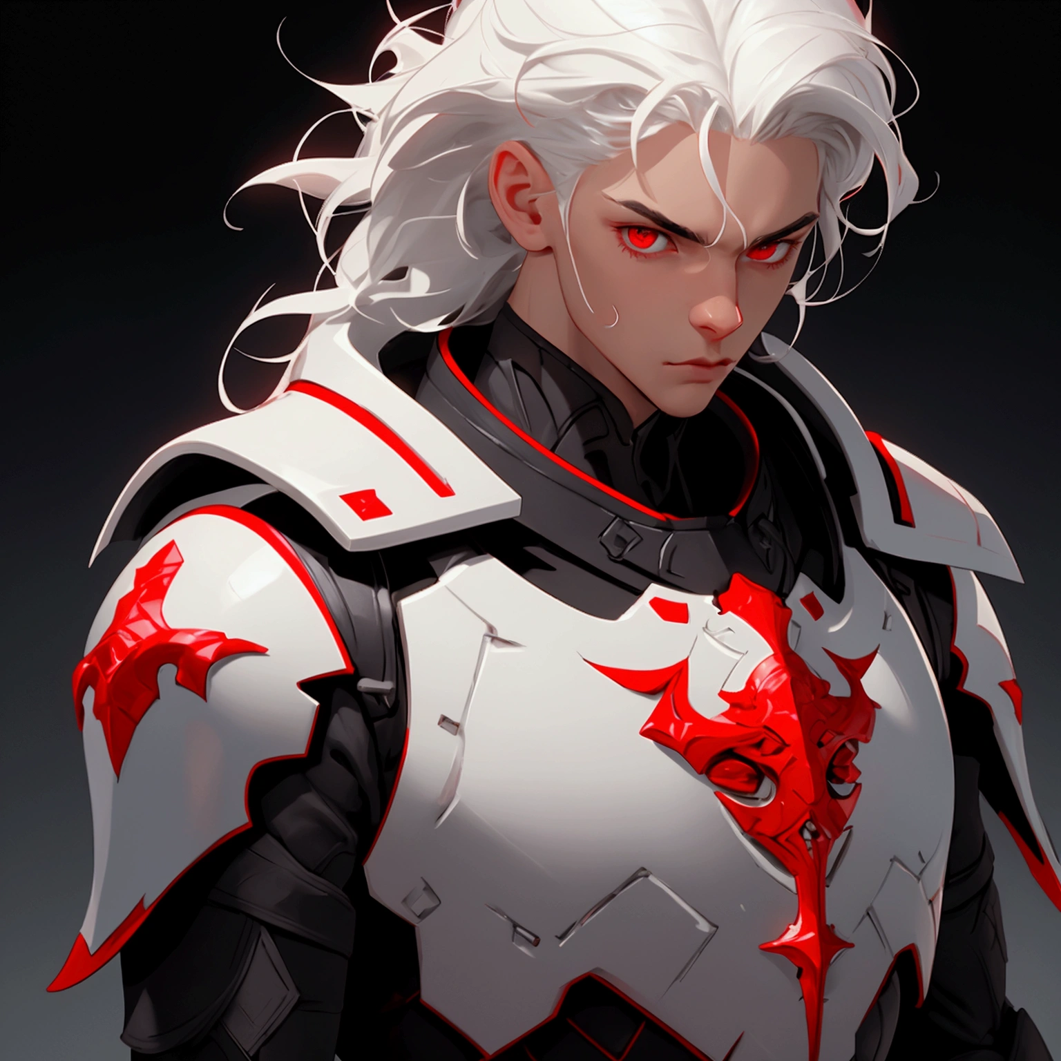 envision a 8k, highres, cinematic close up portrait of a boy with sleek skinny body, clean shaved, with short wavy white hair, and red eyes wearing a white and black leather armor against a dark gray background