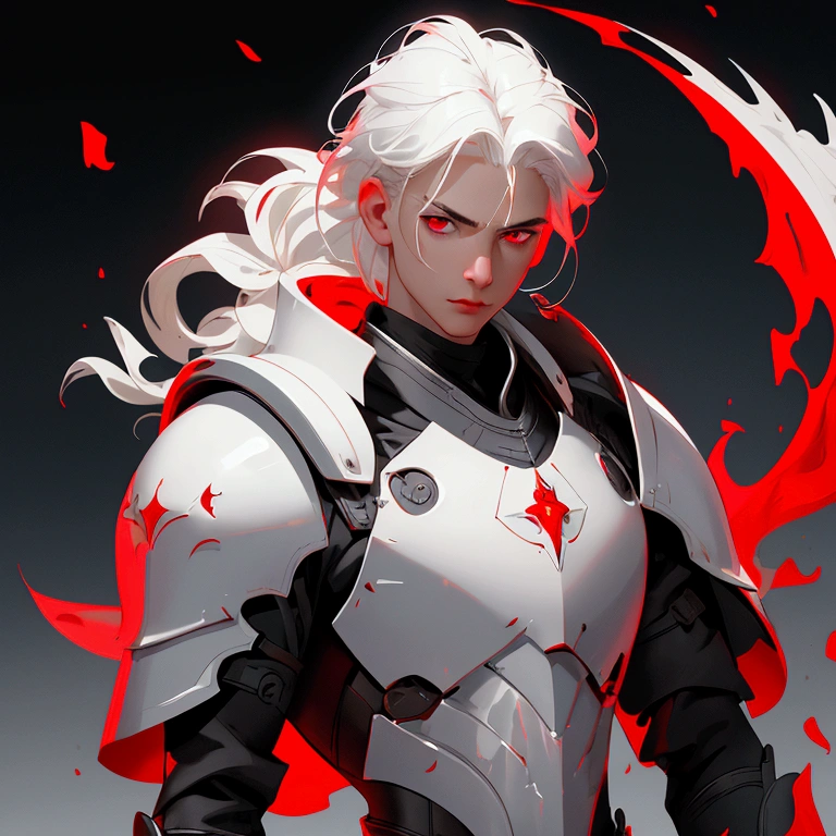 envision a 8k, highres, cinematic close up portrait of a boy with sleek skinny body, clean shaved, with short wavy white hair, and red eyes wearing a white and black leather armor against a dark gray background