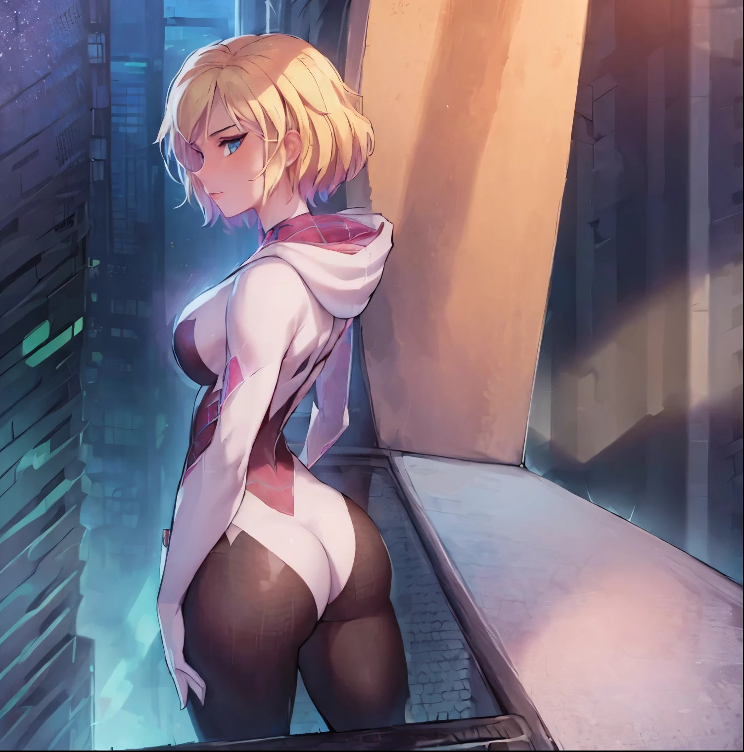 ((1girl)),((alone)),Gwen stacy,\( spiderman\),(masterpiece), (best quality), (ultra detailed), (best illustration), (best shadow), (absurdities), sharp focus, cowboy shot, atmospheric perspective, depth of field, dynamic posture, ((looking at viewer)), medium breasts, narrow waist, medium hips, wide thighs, round butt, erotic, romantic, (highly detailed eyes, lips 1.1), very detailed eyes, eyes, Very detailed face, Very beautiful face, Symmetrical face, Aesthetic face, perfect face, perfect eyes, detailed eyelashes: 1.5), full height, beautiful slim figure, femininity, expressive appearance, elastic big breasts , sexuality, parted lips, (blue eyes), blonde hair, short hair, Ghost spider, gwen in a black suit with a spider in the center of her chest in white, organic looking suit, sticky forehead, symbiote, white eyes, curves, defined body,Perfect and beautiful body, perfect and beautiful, closed mouth, mocking smile, flirtatious expression,(sexy pose: 1.2), ((solo)), standing: 1.3,((outdoor, cityscape, city, rooftop of a skyscraper, buildings,leaning on a railing, buildings,night, city lights)), Looking back, from behind,((focus on ass:1.3)), point of view:(from middle), anatomy perfect, perfect hands