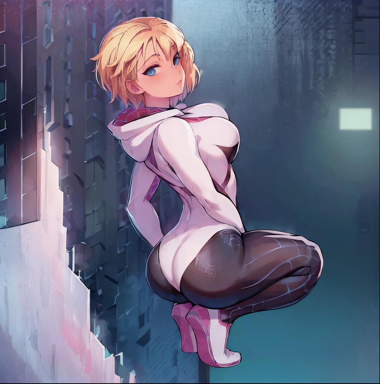 ((1girl)),((alone)),Gwen stacy,\( spiderman\),(masterpiece), (best quality), (ultra detailed), (best illustration), (best shadow), (absurdities), sharp focus, cowboy shot, atmospheric perspective, depth of field, dynamic posture, ((looking at viewer)), medium breasts, narrow waist, medium hips, wide thighs, round butt, erotic, romantic, (highly detailed eyes, lips 1.1), very detailed eyes, eyes, Very detailed face, Very beautiful face, Symmetrical face, Aesthetic face, perfect face, perfect eyes, detailed eyelashes: 1.5), full height, beautiful slim figure, femininity, expressive appearance, elastic big breasts , sexuality, parted lips, (blue eyes), blonde hair, short hair, Ghost spider, gwen in a black suit with a spider in the center of her chest in white, organic looking suit, sticky forehead, symbiote, white eyes, curves, defined body,Perfect and beautiful body, perfect and beautiful, closed mouth, mocking smile, flirtatious expression,(sexy pose: 1.2), ((solo)), standing: 1.3,((outdoor, cityscape, city, rooftop of a skyscraper, buildings,leaning on a railing, buildings,night, city lights)), Looking back, from behind,((focus on ass:1.3)), point of view:(from below), anatomy perfect, perfect hands