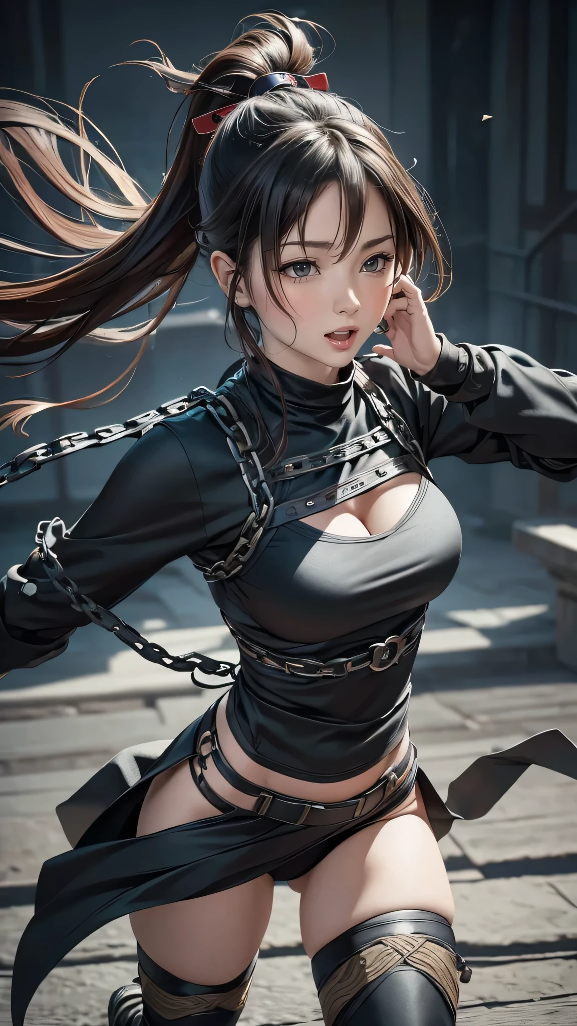 a female ninja kunoichi, intricate ninja techniques, chains flying from all directions, random chain motions, chains flying towards the camera, a sense of depth and distance, (best quality,4k,8k,highres,masterpiece:1.2),ultra-detailed,(realistic,photorealistic,photo-realistic:1.37),dramatic lighting,cinematic composition,dark and moody atmosphere,intricate details,flowing fabric and clothing,complex ninja gear and weapons,intense action and movement,dynamic camera angle,dramatic shadows and highlights