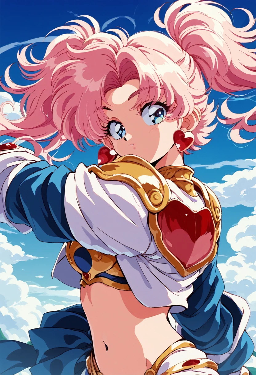 "(Yag:1.1), score_9, score_8_superior, score_8, japan anime, retro anime style, anime screencap, anime coloring, One girl, Twin tails, Exquisitely detailed body, Sexy Face, Bikini Armor, Shoulder pads, heart jewelry, sleeve, Sexy pose, View your viewers