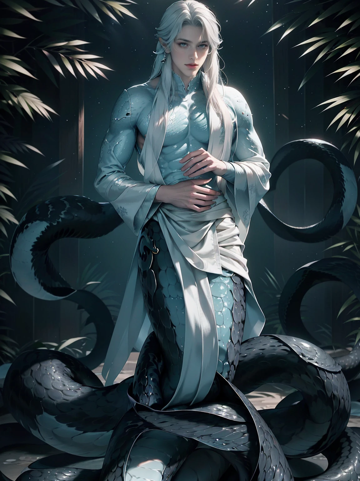 Create an image of Seraphis, a young man who is half-human, half-snake. He has striking, ethereal features that capture both his innocence and the mystical nature of his lineage. His hair is long, flowing, and pure white, almost shimmering as if it reflects the moonlight itself. The strands are soft and delicate, cascading down his back and shoulders like silken threads.

Seraphis’s eyes are a deep, vibrant purple, with a gentle, almost sorrowful expression that hints at his innocence and the weight of the curse he bears. His gaze is soft and contemplative, conveying a sense of purity and vulnerability. His skin is pale, with a smooth, porcelain-like quality that contrasts with the faint scales that appear along his neck and arms, reminding us of his serpentine heritage.

He wears simple, yet elegant clothing that drapes naturally over his slender frame, made of light fabrics that seem to flow with his every movement. The setting around him is bathed in the soft glow of the moon, highlighting his connection to its light. He stands amidst a serene, mystical forest, surrounded by faint, glowing orbs that reflect the magic in the air.

The overall atmosphere of the image should be one of tranquility and mystique, capturing the blend of human innocence and otherworldly magic that defines Seraphis.