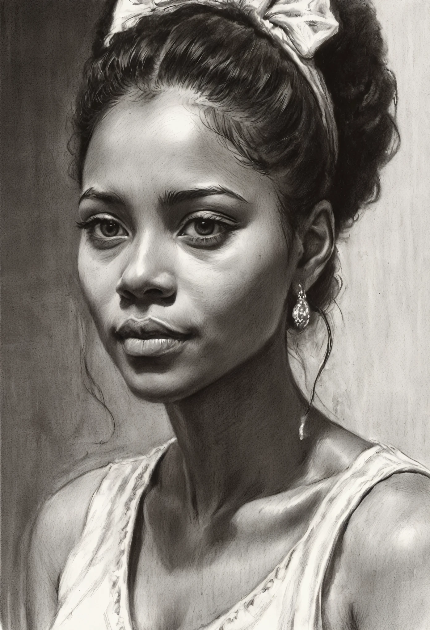 sketching，character sketch，rough sketch, Black and white pencil painting,Sharpen, intaglio, Best quality, Ultra-detailed, Super detailed skin, Natural hair, (1 American woman), (Solo), fancy dress,