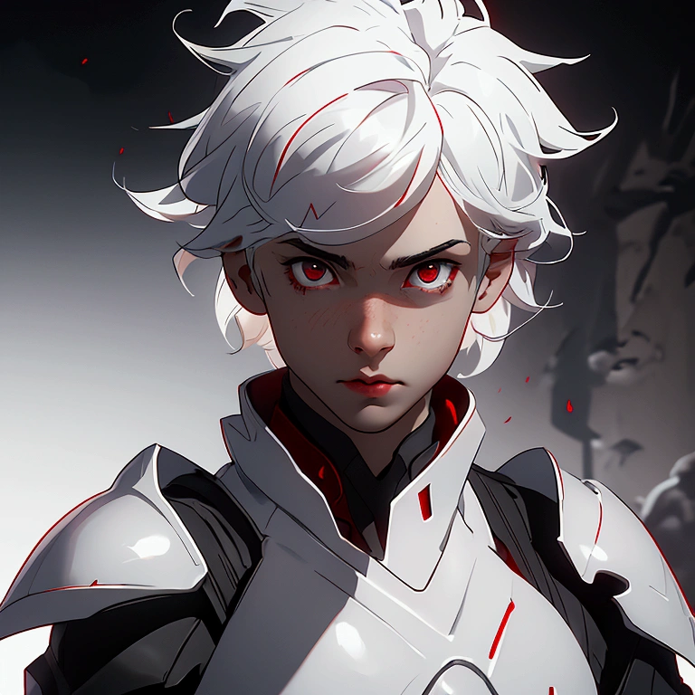 envision a 8k, highres, cinematic close up portrait of a boy with sleek skinny body, clean shaved, with short wavy white hair, and red eyes wearing a white and black leather armor against a dark gray background