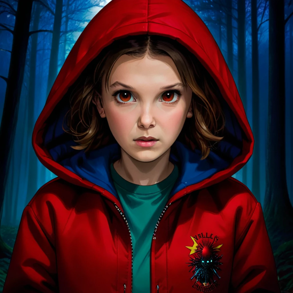 milli3 woman, millie bobby brown, 1 girl wearing red jacket and hood, netflix, stranger things, eleven, dark forest setting, front view, 