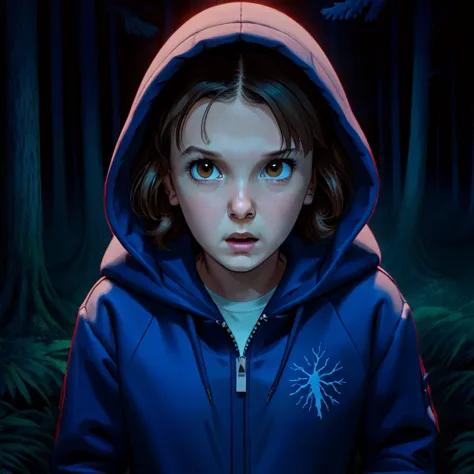 milli3 woman, millie bobby brown, 1 girl wearing blue jacket and hood, netflix, stranger things, eleven, dark forest setting, sc...