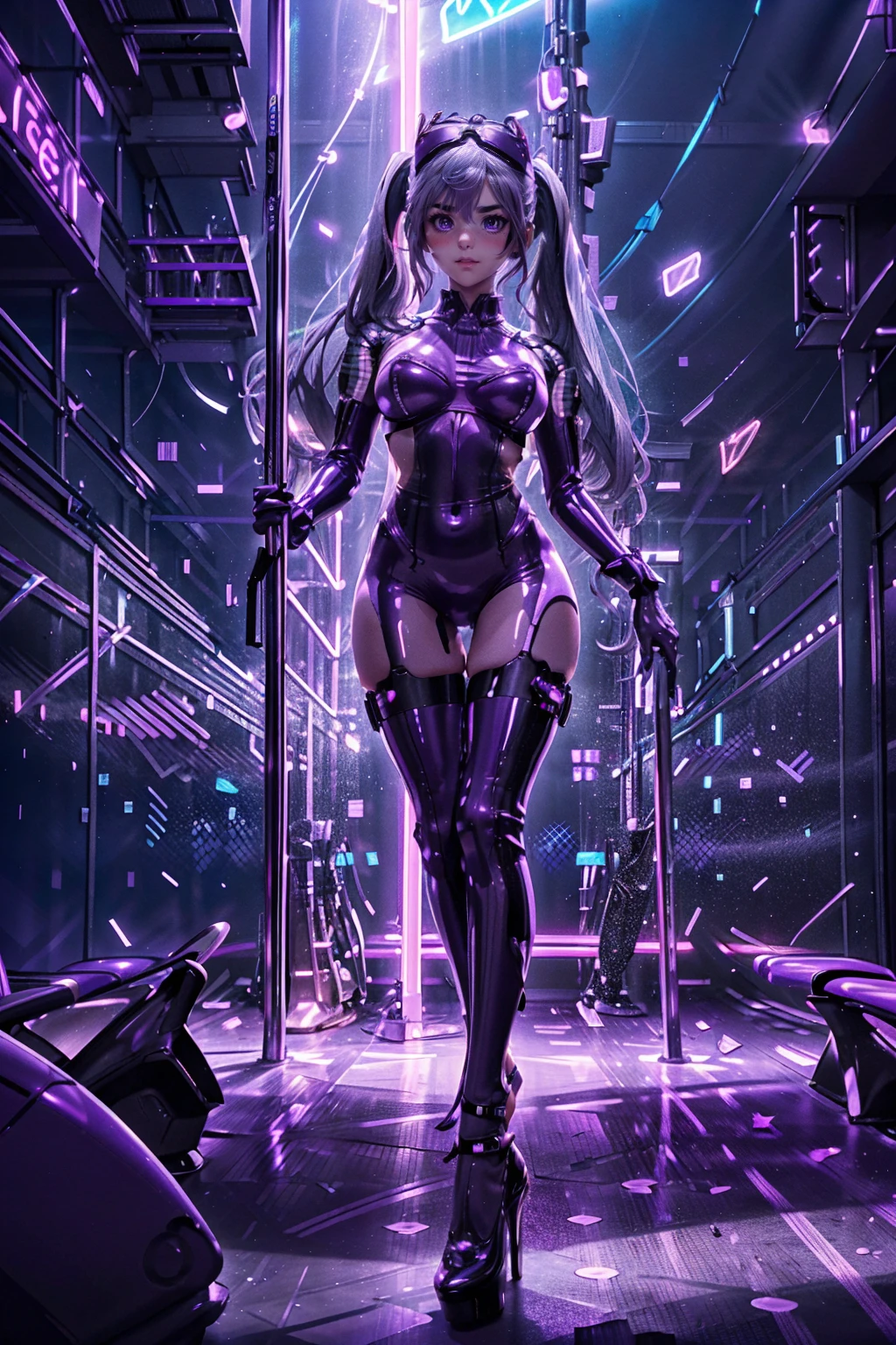 1female, solo, i:p masquerena, long dark gray hair, twintails, purple eyes, purple latex bodysuit, on stage, neon nightclub background, night time, bright lit neon signs in background, people watching in background, high heels, dancing in front of stripper pole, stripper_girl, private_strip_session, private_lap_dance, strip_club_venue, ((full body shot)), light particles, (highly detailed:1.2),(detailed face:1.2), detailed eyes:1.2), (detailed background), (dynamic pose:1.2), Volumetric Lighting, backlight, night