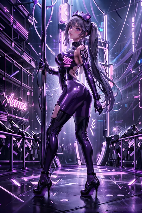 1female, solo, i:p masquerena, long dark gray hair, twintails, purple eyes, purple latex bodysuit, on stage, neon nightclub back...