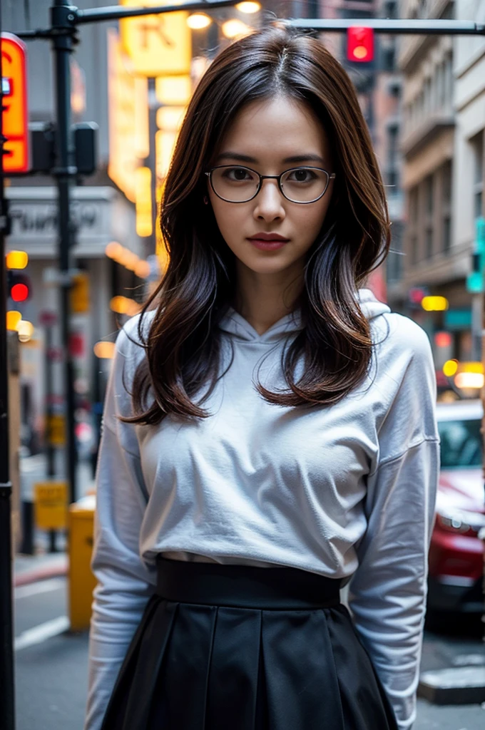 Photo of a beautiful woman standing on a street corner, (masterpiece:1.2, highest quality), (Realistic, photoRealistic:1.4), Beautiful illustrations, (Natural Side Lighting, Cinema Lighting), Written boundary depth, Beautiful thighs staring at the viewer, (((Face Focus, Upper Body))), 1 female, 30-year-old, alone, thin, slender, small breasts!!!, Loose curly hair, Bedhead, Forehead, thin, slender, (((glasses))), hoodie, Skinny skirt, Are standing, New York 25th Street, portrait