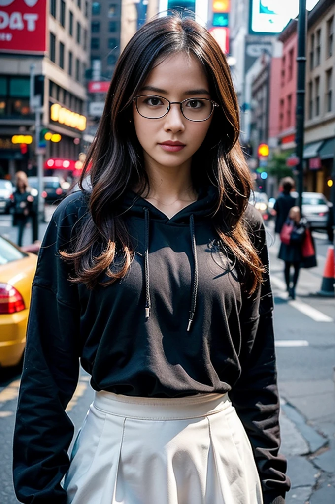 Photo of a beautiful woman standing on a street corner, (masterpiece:1.2, highest quality), (Realistic, photoRealistic:1.4), Beautiful illustrations, (Natural Side Lighting, Cinema Lighting), Written boundary depth, Beautiful thighs staring at the viewer, (((Face Focus, Upper Body))), 1 female, 30-year-old, alone, thin, slender, small breasts!!!, Loose curly hair, Bedhead, Forehead, thin, slender, (((glasses))), hoodie, Skinny skirt, Are standing, New York 25th Street, portrait