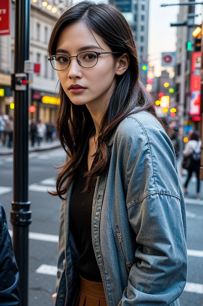 Photo of a beautiful woman standing on a street corner, (masterpiece:1.2, highest quality), (Realistic, photoRealistic:1.4), Beautiful illustrations, (Natural Side Lighting, Cinema Lighting), Written boundary depth, Beautiful thighs staring at the viewer, (((Face Focus, Upper Body))), 1 female, 30-year-old, alone, thin, slender, small breasts!!!, Loose curly hair, Bedhead, Forehead, thin, slender, (((glasses))), jacket, Skinny skirt, Are standing, New York 25th Street, portrait