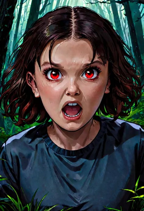 milli3 woman, millie bobby brown, angry expression, screaming, dark forest setting, red eyes