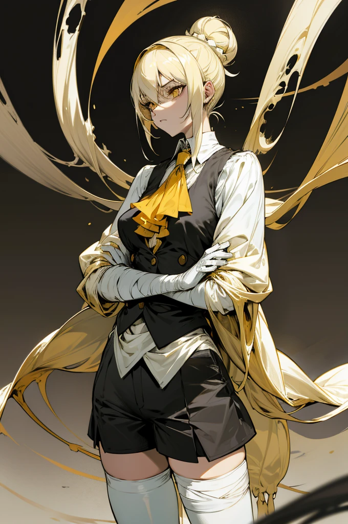 a painting of a young woman in a dreary atmosphere, regular sized golden yellow eyes, light skin, arms and legs covered in bandages, wearing modest luxury clothes: black shorts, black suit vest, golden-yellow ascot, white undershirt with rolled up sleeves, thigh-high white socks, elbow-high white gloves. hair in neat bun, arms crossed anxiously in front, nervous expression, gauze covering arms and legs, stained bandages, bleak, very light blonde hair. background: dull black, flat charcoal-colored background. soft shading, drawing outlines