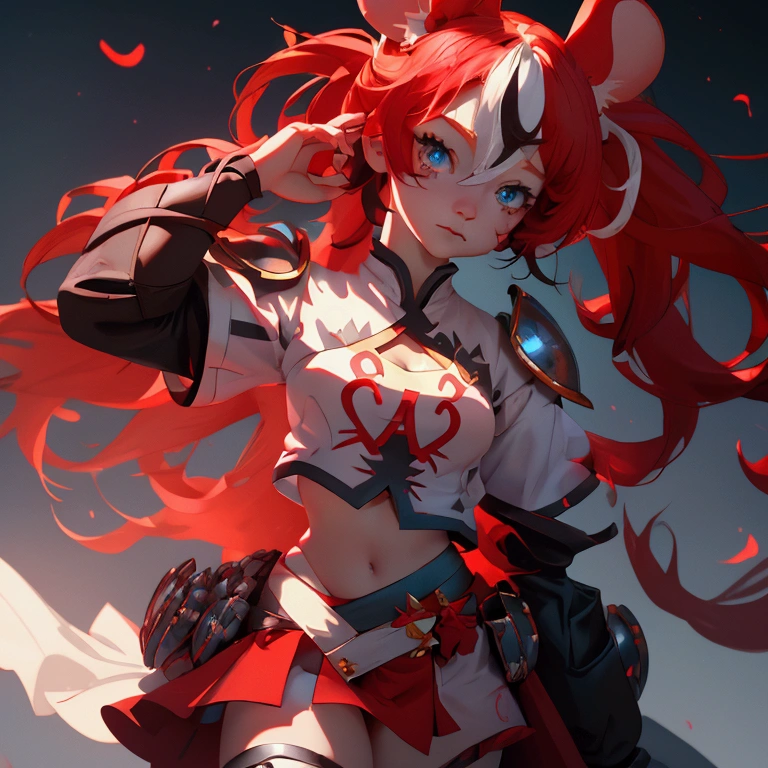 envision a 8k, highres, cinematic, close up beautiful portrait of an evil small Chaos girl named Hakos Baelz with long red and white hair in pigtails, mouse ears, blue eyes, in a cropped white shirt with armor, and red skirt against a dark gray background