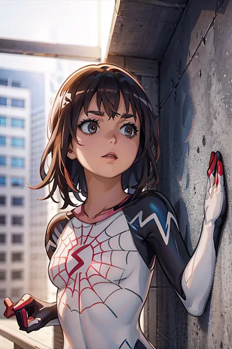 uraraka ochako, mha series, uraraka ochako, ((spider gwen)), spider gwen, wearing spider gwen suit, mask, hero mask, white face ...