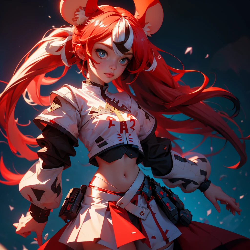 envision a 8k, highres, cinematic, close up beautiful portrait of an evil small Chaos girl named Hakos Baelz with long red and white hair in pigtails, mouse ears, blue eyes, in a cropped white shirt with armor, and red skirt against a dark gray background