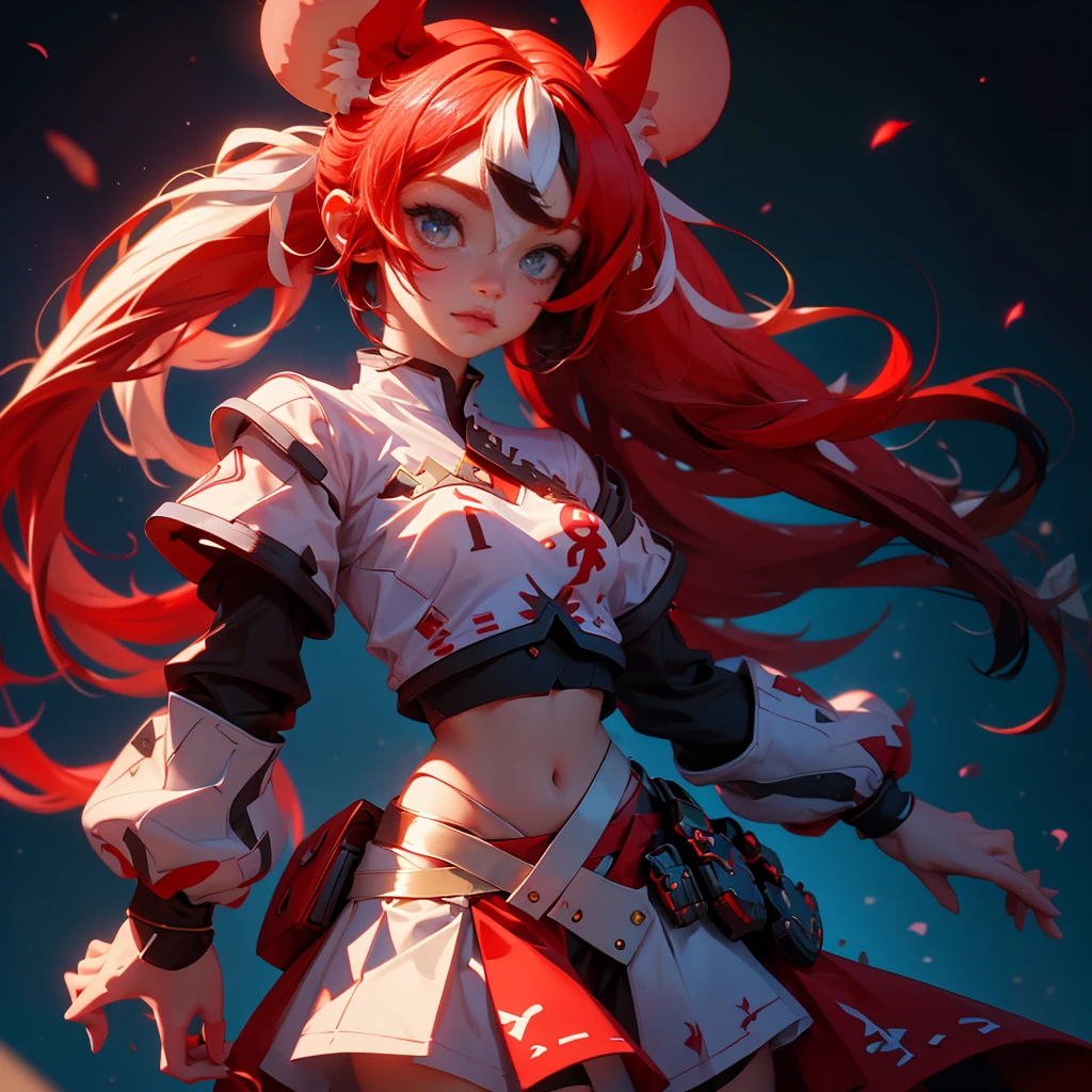 envision a 8k, highres, cinematic, close up beautiful portrait of an evil small Chaos girl named Hakos Baelz with long red and white hair in pigtails, mouse ears, blue eyes, in a cropped white shirt with armor, and red skirt against a dark gray background