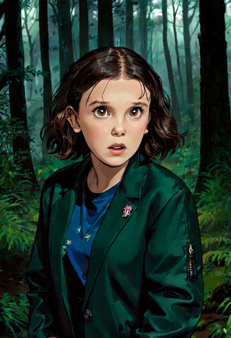 milli3 woman, millie bobby brown, scared expression, dark forest setting, jacket, looking around