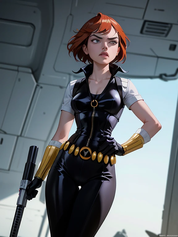 Daisy Ridley as Black Widow, ((Masterpiece)); ((Natural Beauty)); ((Ultrarealistic hazel eyes)); both eyes are similar; ((Ultrarealistic fair white skin)); ((Ultrarealistic small breasts A cup)); Deep Cleavage; ((Ultrarealistic brown short  bun haircut hairstyle)); slim athletic body; ((Ultrarealistic round Asscheeks)); ((Ultrarealistic widow bite black gloves)); ((Ultrarealistic black widow utility belt)); black and red tactical vest; Bright Red stripe accents on the side of the suit; Short sleeve; looking at the viewer;  
She stands with her feet shoulder-width apart, one hand on her hip and the other resting on a weapon holstered at her side. Her short hair is slicked back, and she has an intense, intimidating stare that shows she means business.