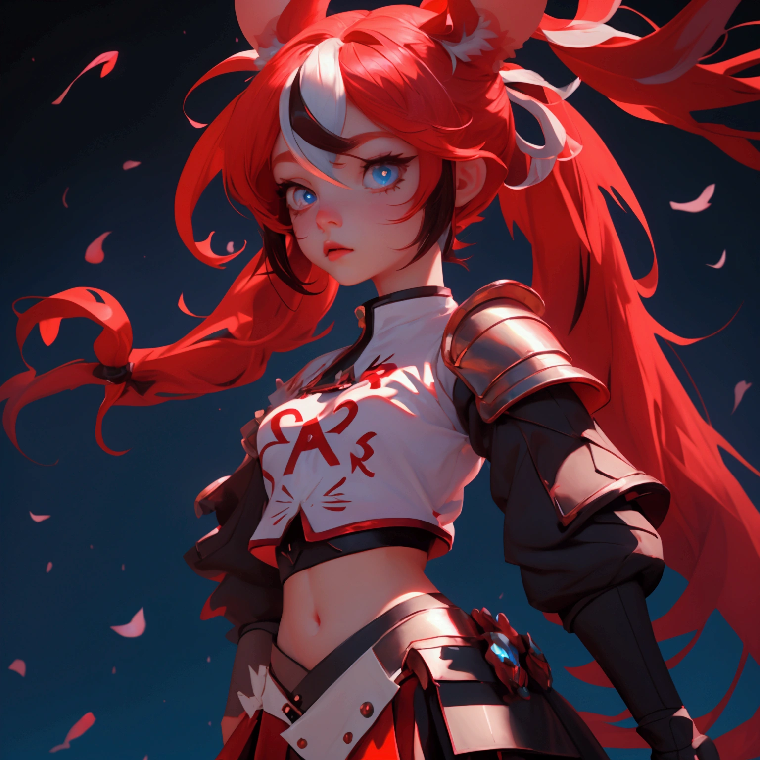 envision a 8k, highres, cinematic, close up beautiful portrait of an evil small Chaos girl named Hakos Baelz with long red and white hair in pigtails, mouse ears, blue eyes, in a cropped white shirt with armor, and red skirt against a dark gray background