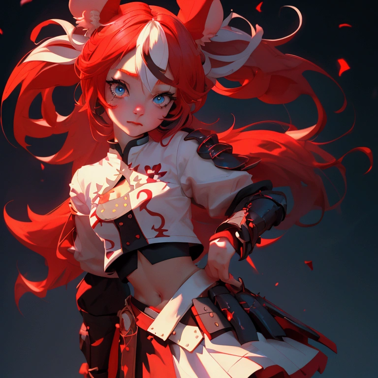 envision a 8k, highres, cinematic, close up beautiful portrait of an evil small Chaos girl named Hakos Baelz with long red and white hair in pigtails, mouse ears, blue eyes, in a cropped white shirt with armor, and red skirt against a dark gray background