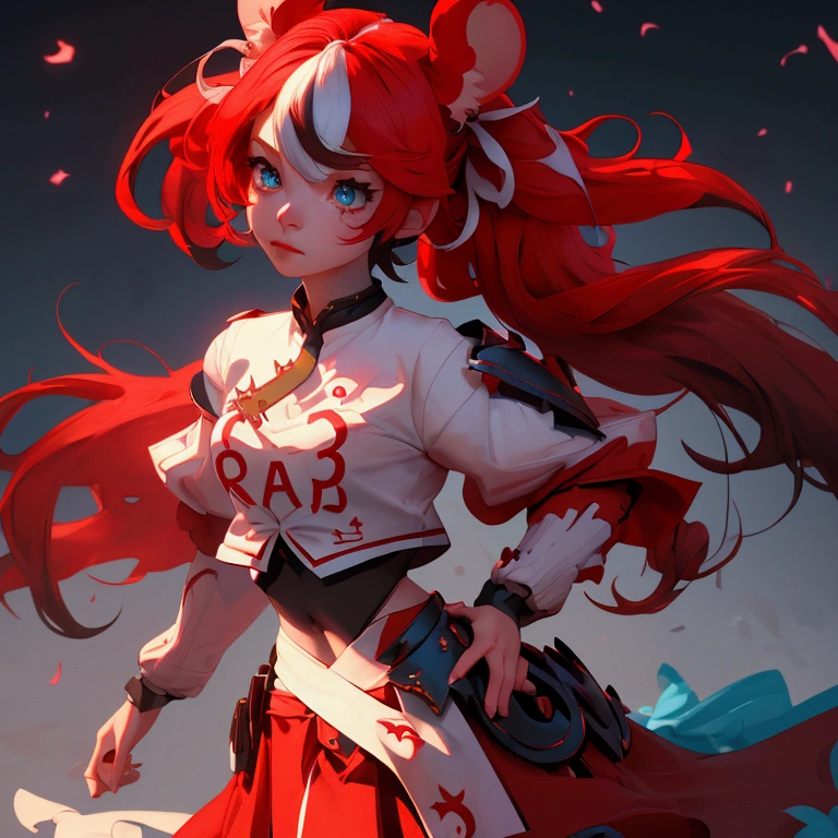 envision a 8k, highres, cinematic, close up beautiful portrait of an evil small Chaos girl named Hakos Baelz with long red and white hair in pigtails, mouse ears, blue eyes, in a cropped white shirt with armor, and red skirt against a dark gray background