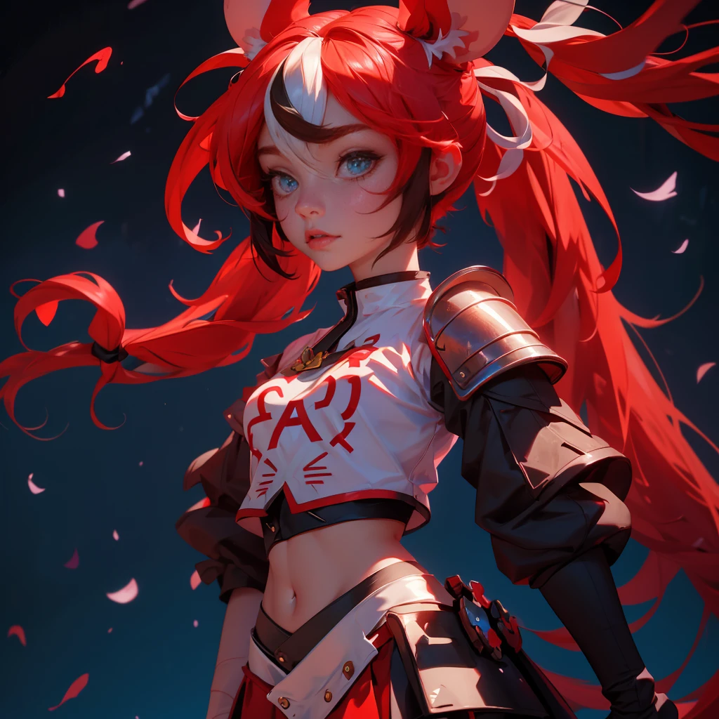 envision a 8k, highres, cinematic, close up beautiful portrait of an evil small Chaos girl named Hakos Baelz with long red and white hair in pigtails, mouse ears, blue eyes, in a cropped white shirt with armor, and red skirt against a dark gray background